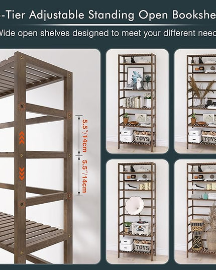 Bookcase, Bamboo Bookshelf, 6-Tier Adjustable Tall Open Book Shelf, Free Standing Storage Shelves Organizer, Flower Plant Display Stand, Walnut - LeafyLoom