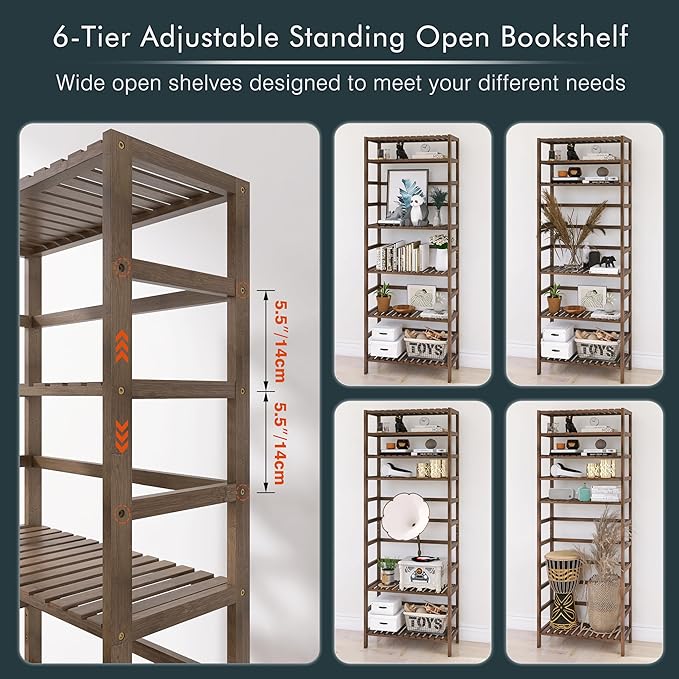 Bookcase, Bamboo Bookshelf, 6-Tier Adjustable Tall Open Book Shelf, Free Standing Storage Shelves Organizer, Flower Plant Display Stand, Walnut - LeafyLoom