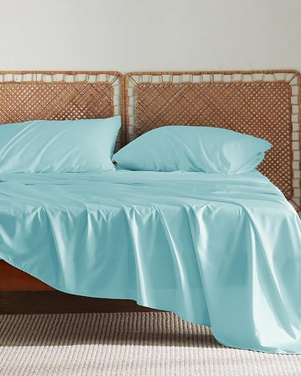 Bedsure Queen Sheets, Rayon Derived from Bamboo, Queen Cooling Sheet Set, Deep Pocket Up to 16", Breathable & Soft Bed Sheets, Hotel Luxury Silky Bedding Sheets & Pillowcases, Blue Tint - LeafyLoom