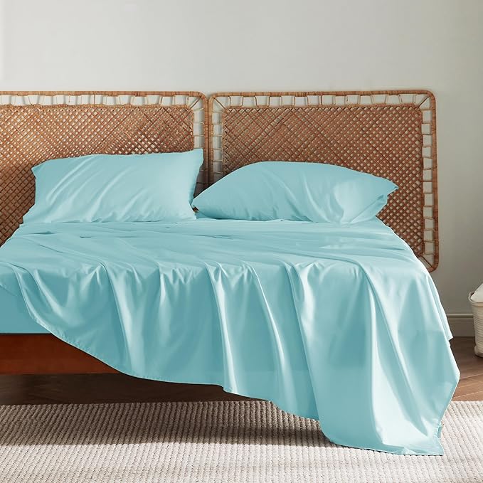 Bedsure Queen Sheets, Rayon Derived from Bamboo, Queen Cooling Sheet Set, Deep Pocket Up to 16", Breathable & Soft Bed Sheets, Hotel Luxury Silky Bedding Sheets & Pillowcases, Blue Tint - LeafyLoom