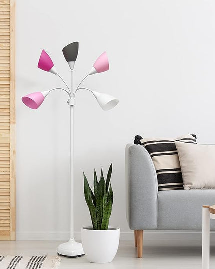 Simple Designs LF2006-WPG 67" Contemporary Multi Head Medusa 5 Light Adjustable Gooseneck White Floor Lamp with Pink, White, Gray Shades for Kids Bedroom Playroom Living Room Office, 30 x 10 x 67 - LeafyLoom