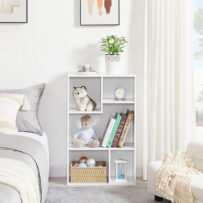 VECELO Small White Bookshelf, 5 Cube Shelf, Fits Tallest Hardcovers, Horizontal Available, Storage Organzier for Home Office, Pearl White - LeafyLoom
