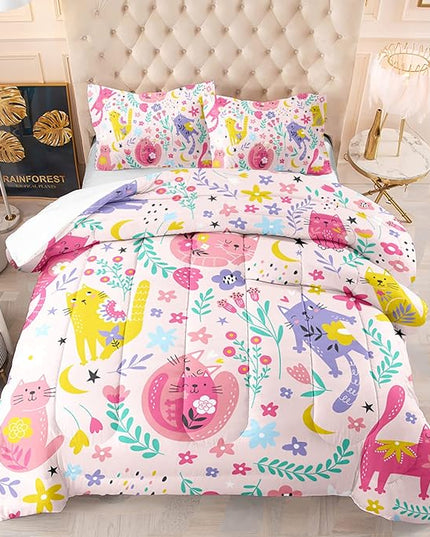 Floral Cat Comforter Queen Size,Pink Cat Comforter Set for Kids Teens Girls,3Pcs Bedding Set Printed Comforter with 2 Pillowcases,Down Alternative,Soft and Lightweight(Pink，Queen Size) - LeafyLoom