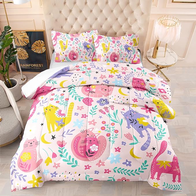 Floral Cat Comforter Queen Size,Pink Cat Comforter Set for Kids Teens Girls,3Pcs Bedding Set Printed Comforter with 2 Pillowcases,Down Alternative,Soft and Lightweight(Pink，Queen Size) - LeafyLoom