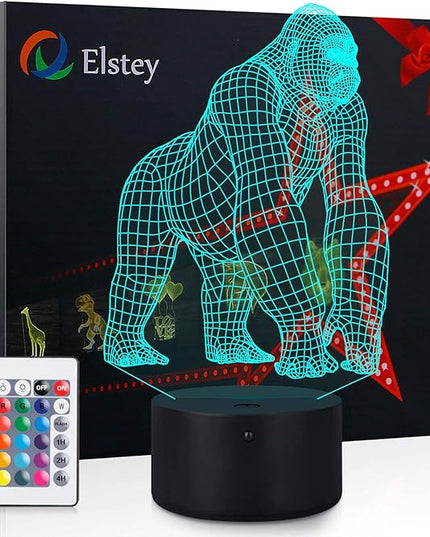 Elstey 3D Gorilla Lamp Mood Lamp 16 Color Nursery Night Lights Illusion Acrylic LED Table Bedside Lamp, Children Bedroom Desk Decor, Birthday Christmas Gift Cute Toy for Kids Adult - LeafyLoom
