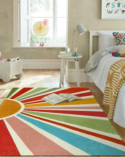 Kids Rugs for Playroom 5'x7' Rug, Boho Washable Area Rug for Kids Room, Rainbow Kids Nursery Rug Non-Slip Sunshine Carpet Soft Colorful Rug for Classroom Office Dining Room - LeafyLoom
