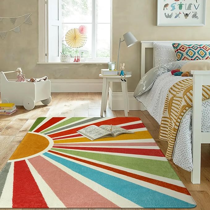 Kids Rugs for Playroom 5'x7' Rug, Boho Washable Area Rug for Kids Room, Rainbow Kids Nursery Rug Non-Slip Sunshine Carpet Soft Colorful Rug for Classroom Office Dining Room - LeafyLoom