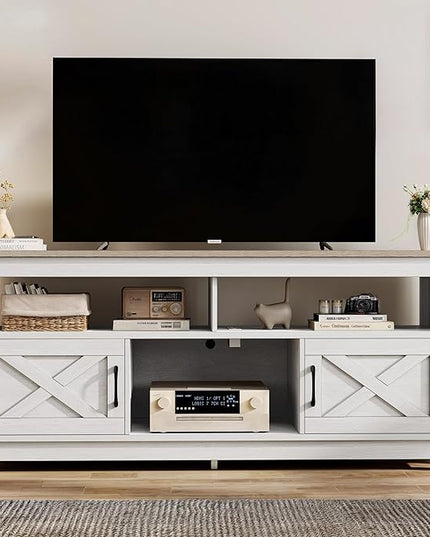 DWVO Farmhouse TV Console, TV Stand with Power Outlets for TVs up to 65 Inch, Entertainment Center Mid Century Modern TV Cabinet, Rustic Media Console Table for Living Room, Grey White/Grey Wash - LeafyLoom