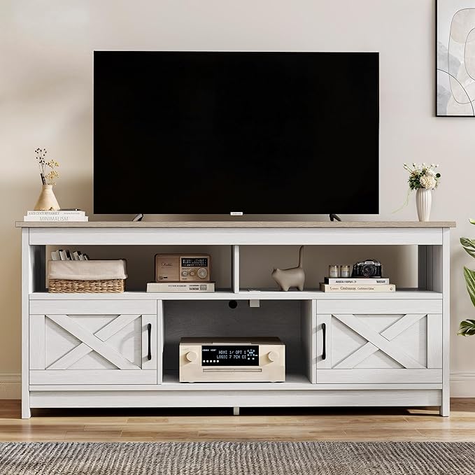 DWVO Farmhouse TV Console, TV Stand with Power Outlets for TVs up to 65 Inch, Entertainment Center Mid Century Modern TV Cabinet, Rustic Media Console Table for Living Room, Grey White/Grey Wash - LeafyLoom