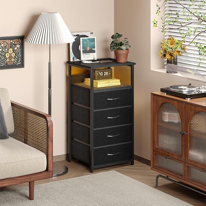 Fixwal Night Stand with Charging Station, LED Dresser for Bedroom Tall Nightstand with USB Ports and Outlets, 4 Fabric Storage Drawers with PU Finish, Bed Side Table, Black - LeafyLoom