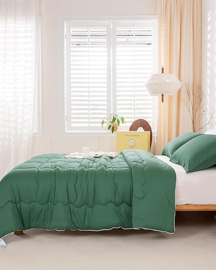 COTTEBED Forest Green Comforter Queen Size, Jersey Knit Cotton T-Shirt Feel Ultra-Soft Cute Cozy Lightweight Bedding Blanket Quilt Down Set & Pillowcase All Season Use Emerald Hunter Green,Full/Queen - LeafyLoom