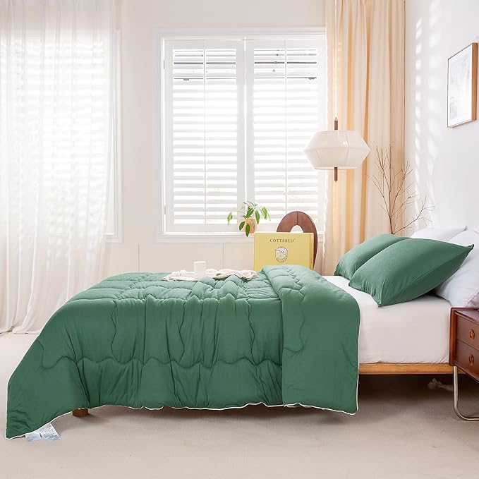 COTTEBED Forest Green Comforter Queen Size, Jersey Knit Cotton T-Shirt Feel Ultra-Soft Cute Cozy Lightweight Bedding Blanket Quilt Down Set & Pillowcase All Season Use Emerald Hunter Green,Full/Queen - LeafyLoom