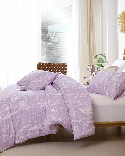 JANZAA Queen Comforter Set Floral Comforter Sets Queen Size Bedding Set Purple Comforter for All Season with 2 Pillow Shams Cute and Comfortable - LeafyLoom