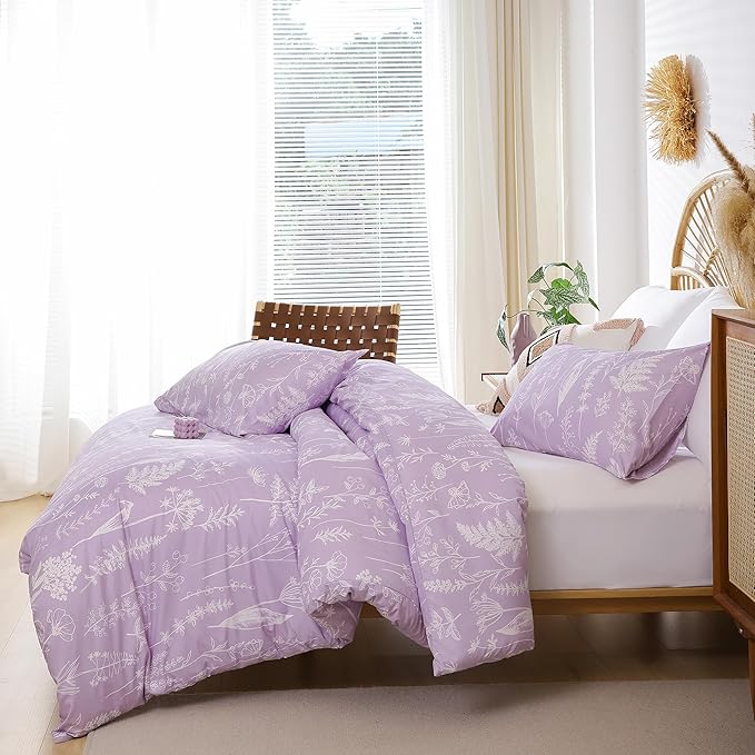 JANZAA King Size Comforter Set Floral Comforter Sets King Size Bedding Set Purple Comforter for All Season with 2 Pillow Shams Cute and Comfortable - LeafyLoom