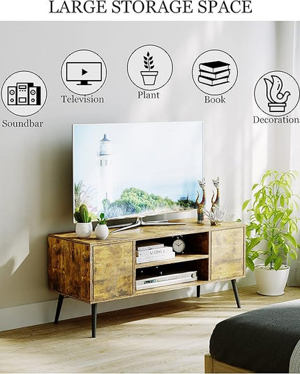 Yusong Industrial TV Stand for 55 Inch TVs,TV Bench TV Cabinet Media Cable Box Gaming Console Table with Open Shelves,Mid-Century Modern Entertainment Center for Living Room,Rustic Brown - LeafyLoom