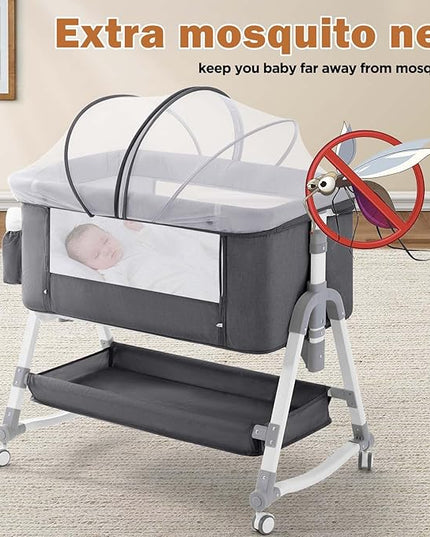 4 in 1 Baby Bassinet,Easy Folding Portable Bedside Crib with Comfy Mattress and Wheels,Height Adjustable Bassinet with Mosquito net Included,Grey - LeafyLoom