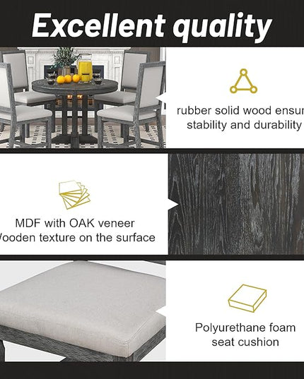Extendable Round Upholstered, X-Shape Base, Modern Small Kitchen Chairs Room Home Furniture Breakfast Nook, Dining Table Set for 4-6, Black - LeafyLoom