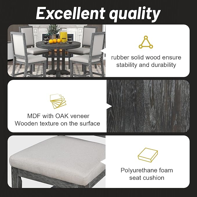 Extendable Round Upholstered, X-Shape Base, Modern Small Kitchen Chairs Room Home Furniture Breakfast Nook, Dining Table Set for 4-6, Black - LeafyLoom