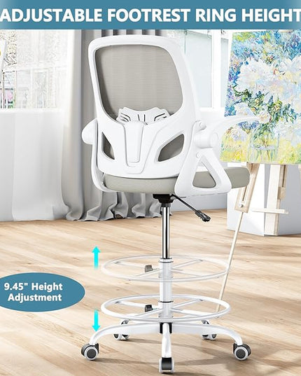 Drafting Chair Tall Office Chair for Standing Desk Adjustable Tall Desk Chair with Footrest Ring and Lumbar Support Ergonomic Computer Chair with Flip-up Armrests (Grey) - LeafyLoom