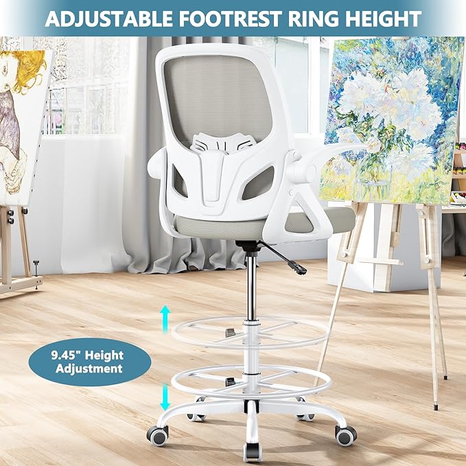 Drafting Chair Tall Office Chair for Standing Desk Adjustable Tall Desk Chair with Footrest Ring and Lumbar Support Ergonomic Computer Chair with Flip-up Armrests (Grey) - LeafyLoom