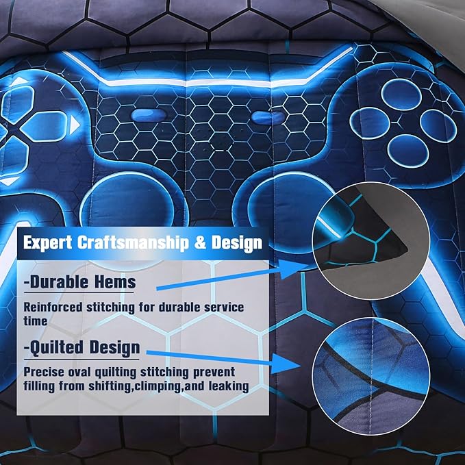 JQinHome Twin Gamer Comforter Set for Boys,6 Piece Bed in A Bag 3D Video Game Bedding -All Season Soft Microfiber Down Alternative Comforter Gamer Bedding Sets for Kids - LeafyLoom