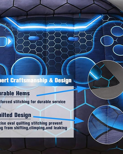 JQinHome Queen Gamer Comforter Set,6 Piece Bed in A Bag 3D Video Game Bedding -All Season Down Alternative Gamer Bedding Sets - (Blue Game Controller) - LeafyLoom