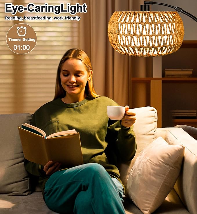 Arc Floor Lamp for Living Room, 3 Color Temperatures Farmhouse Standing Lamps with Remote & Dimmable Bulb, Rattan Boho Floor Lamp with Fabric Shades, Adjustable Tall Lamp for Bedroom Office - LeafyLoom