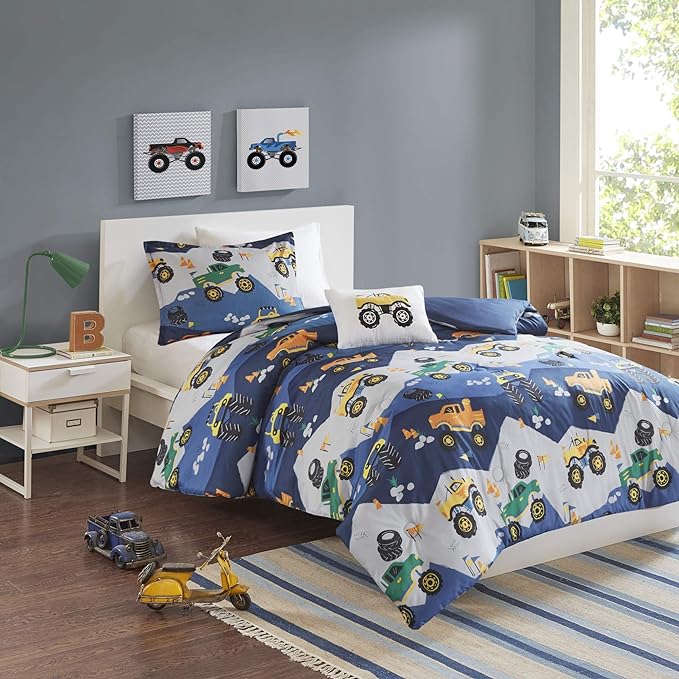 Mi Zone Kids Queen Comforter Set for Boys 4 Piece Monster Truck Comforter Set, Queen Bedding Set, Teen Microfiber Bed Set, Matching Shams, Embroidered Truck Throw Pillow, Full/Queen, Blue - LeafyLoom