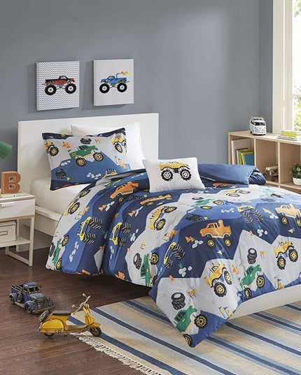 Mi Zone Kids Twin Comforter Set for Boys 3 Piece Monster Truck Comforter Set, Twin Size Bedding Set, Teen Bed Set, Microfiber Bedding Set, Matching Sham, Embroidered Truck Throw Pillow, Twin, Blue - LeafyLoom