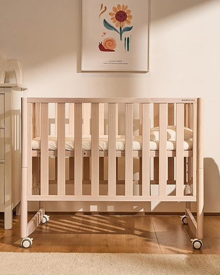 EvoNook 7-in-1 Convertible Mini Crib - Washed White, Portable Folding Baby Mini Crib with 1.5 Inch Mattress, 100% New Zealand Pinewood, 4 Adjustable Mattress Heights - LeafyLoom