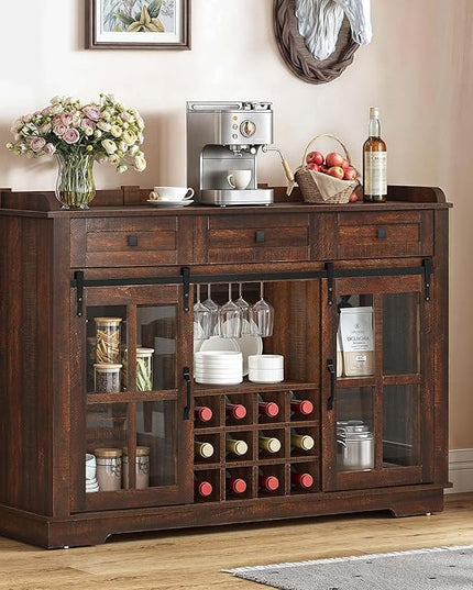 DWVO Farmhouse Coffee Bar Cabinet with Sliding Door and Drawers, 53" Kitchen Sideboard Buffet Cabinet, Home Bar Cabinet with Wine Rack for Kitchen Living Room, 3 Drawers Storage Cabinet, Brown Oak - LeafyLoom