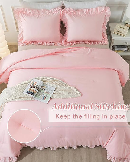 Andency Pink Comforter Set Queen Size, 3 Pieces Solid Pink Ruffle Shabby Chic Comforter Set for Queen Bed, All Season Vintage Rustic Soft Microfiber Bedding Set for Women Girls - LeafyLoom