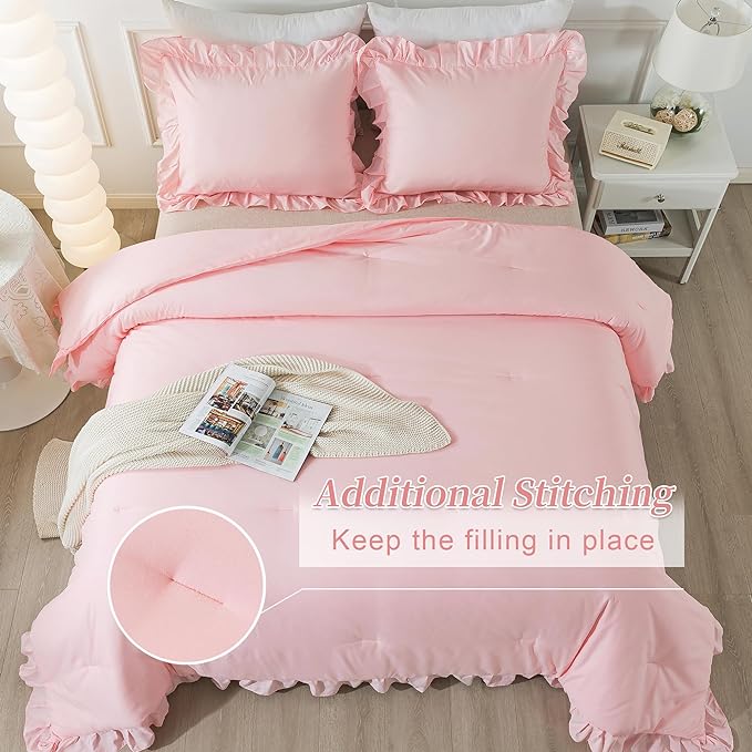 Andency Pink Comforter Set Queen Size, 3 Pieces Solid Pink Ruffle Shabby Chic Comforter Set for Queen Bed, All Season Vintage Rustic Soft Microfiber Bedding Set for Women Girls - LeafyLoom