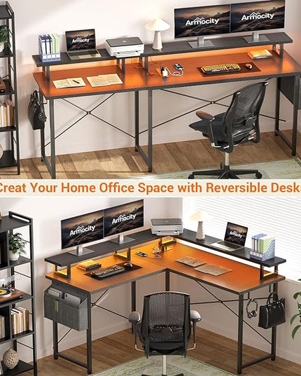 L Shaped Computer Desk with Power Outlets, Gaming Desk L Shaped with LED Lights, Corner Desk with Storage Shelves, Work Study Desk for Bedroom, Home Office Small Spaces, 47'', Carbon Fiber Black - LeafyLoom