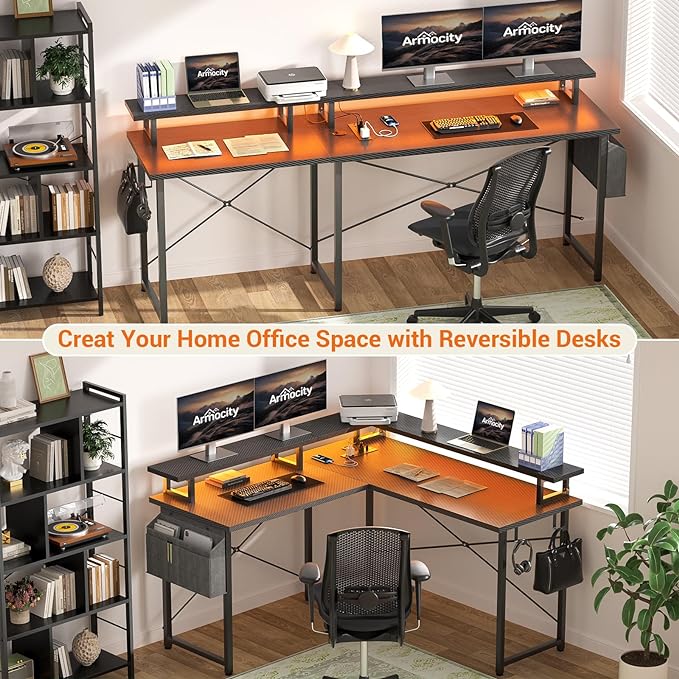 L Shaped Computer Desk with Power Outlets, Gaming Desk L Shaped with LED Lights, Corner Desk with Storage Shelves, Work Study Desk for Bedroom, Home Office Small Spaces, 47'', Carbon Fiber Black - LeafyLoom