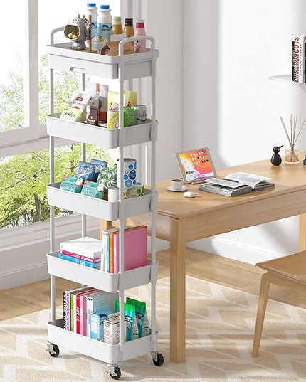 5-Tier Rolling Utility Cart，Trolley with Drawer, Multifunctional Storage Organizer with Plastic Shelf & Metal Wheels, Storage Cart for Living Room, Kitchen, Office, Bathroom, White - LeafyLoom