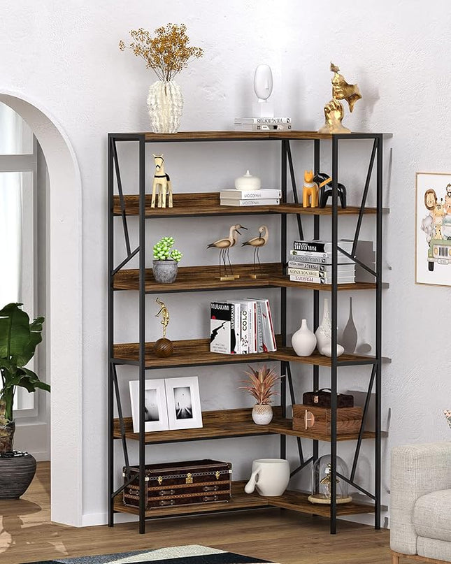 Bookshelf 6 Tier Corner Shelf, 77" Industrial Large Corner Etagere Bookcase, 6-Shelf Tall Corner L Shaped Storage Display Rack for Living Room Home Office - LeafyLoom