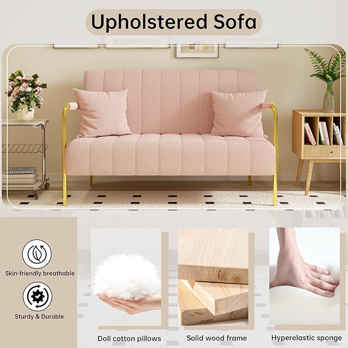 NicBex Sectional Couch Sofa with 2 Pillows Modern Cloud Couch for Living Room Furniture Sets with Metal Legs and Sponge Filled, Modular Sofa for Living Room, Bedroom, Apartment, 58.66" L, Pink - LeafyLoom