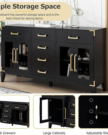 60" Retro Sideboard with 6-Drawer and 2-Cabinet,Multifunctional Buffet,w/Gold Handles & Solid Wood Legs,Extra Large Storage Space,for Kitchen and Living Room,Black - LeafyLoom