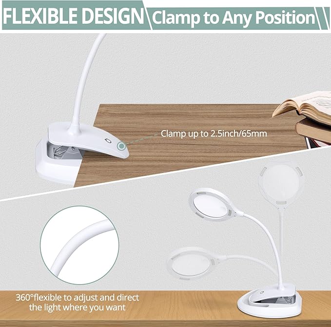 COLFULINE Magnifying Lamp 5X 10X, 2-in-1 Rechargeable Magnifying Glass with Light, LED Magnifying Light with Base & Clamp and Touch Button for Reading, Working, Crafts, 3 Adjustable Brightness - LeafyLoom