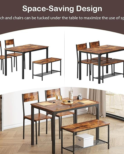 soges 4 Person Dining Table Set, 43.3inch Kitchen Table Set for 4, Dining Room 2 Chairs with Backrest, 2-Person Bench with Storage Rack, Vintage Brown - LeafyLoom
