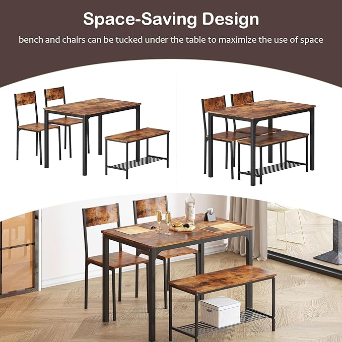 soges 4 Person Dining Table Set, 43.3inch Kitchen Table Set for 4, Dining Room 2 Chairs with Backrest, 2-Person Bench with Storage Rack, Vintage Brown - LeafyLoom