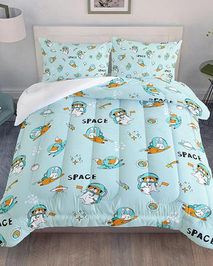 Kawaii Dog Rabbit Fox Comforter Set 3 Pieces Universe Galaxy Outer Space Bedding Set Astronaut Rocket Bed Quilt Set for Girls Boys Kids Blue - LeafyLoom