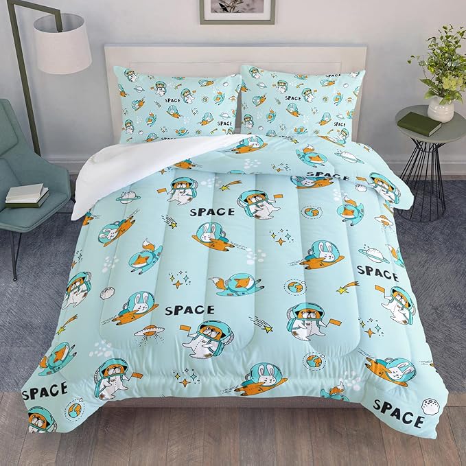 Kawaii Dog Rabbit Fox Comforter Set 3 Pieces Universe Galaxy Outer Space Bedding Set Astronaut Rocket Bed Quilt Set for Girls Boys Kids Blue - LeafyLoom