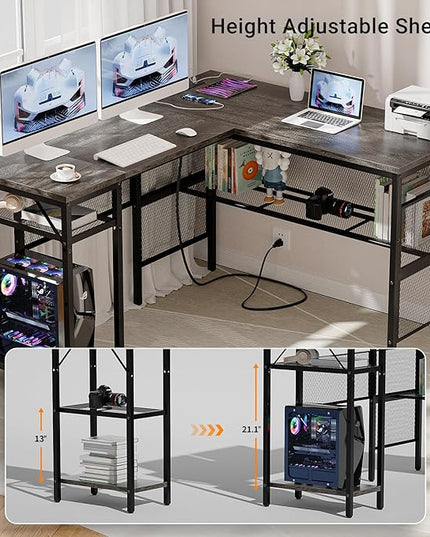 Reversible L Shaped Gaming Desk, Large Corner Computer Desk with Power Outlets and USB Ports, Sturdy Home Office Table with Storage Shelf, Attractive Grid Design Writing Desk, Black Oak - LeafyLoom