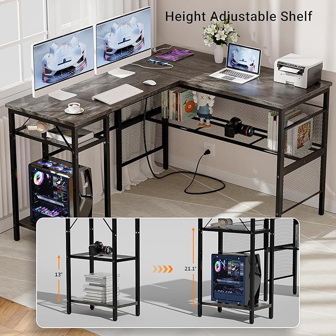 Reversible L Shaped Gaming Desk, Large Corner Computer Desk with Power Outlets and USB Ports, Sturdy Home Office Table with Storage Shelf, Attractive Grid Design Writing Desk, Black Oak - LeafyLoom