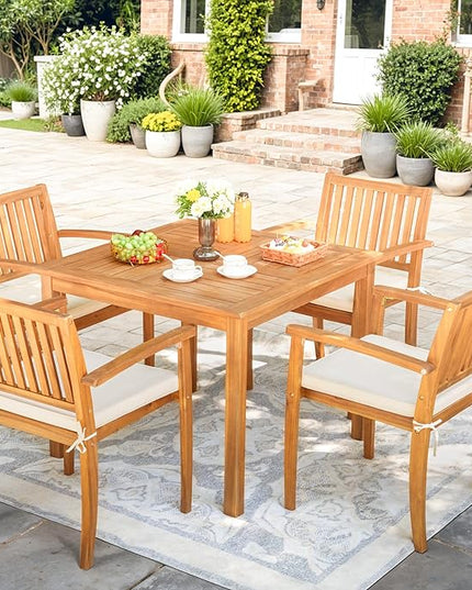 Greesum 5 Piece Patio Dining Set Outdoor Solid Wood Furniture for Yard, Garden, Porch w/Square Tabletop & 4 Chairs, White - LeafyLoom
