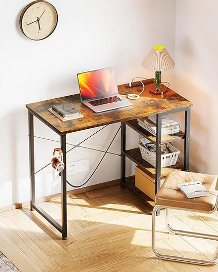 AODK Laptop Desk Small Desk, 32 Inch Computer Desk with Power Outlet and USB & Type-C Charging Port, Writing Desk with 3-Tier Reversible Storage Shelf for Home Office, 32'' x 16'', Rustic Brown - LeafyLoom