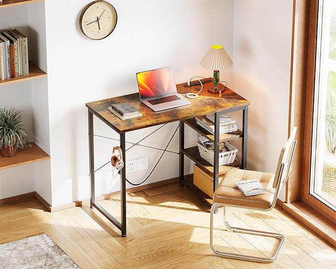 AODK Laptop Desk Small Desk, 32 Inch Computer Desk with Power Outlet and USB & Type-C Charging Port, Writing Desk with 3-Tier Reversible Storage Shelf for Home Office, 32'' x 16'', Rustic Brown - LeafyLoom