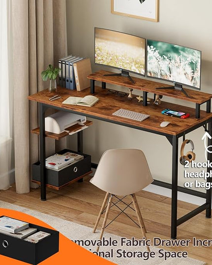 Furologee Computer Desk with Shelves and Fabric Drawer, 47" Home Office Gaming Desk with Monitor Stand, Reversible Study Writing Desk with Hooks, Rustic Brown - LeafyLoom